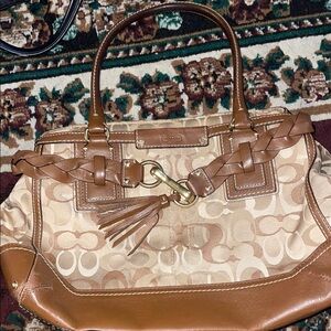 Coach Brown and Tan Shoulder Bag with Signature Monogram